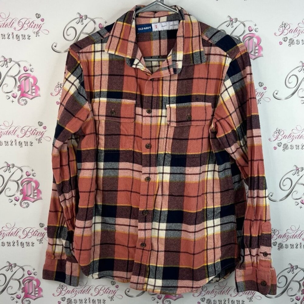 Old Navy button down Plaid Shirt in orange Red, Black, and Yellow